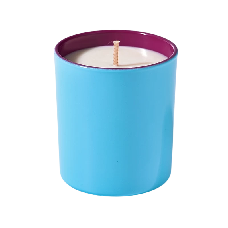 Cina Portacandele in vetro blu personalizzato con fondo piatto grande nordico all'interno viola e esterno con coperchi in legno produttore