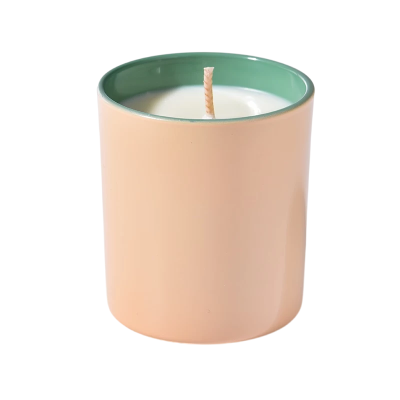 China Newly designed inside green outside apricot glass candle holder with wooden lids home decor manufacturer