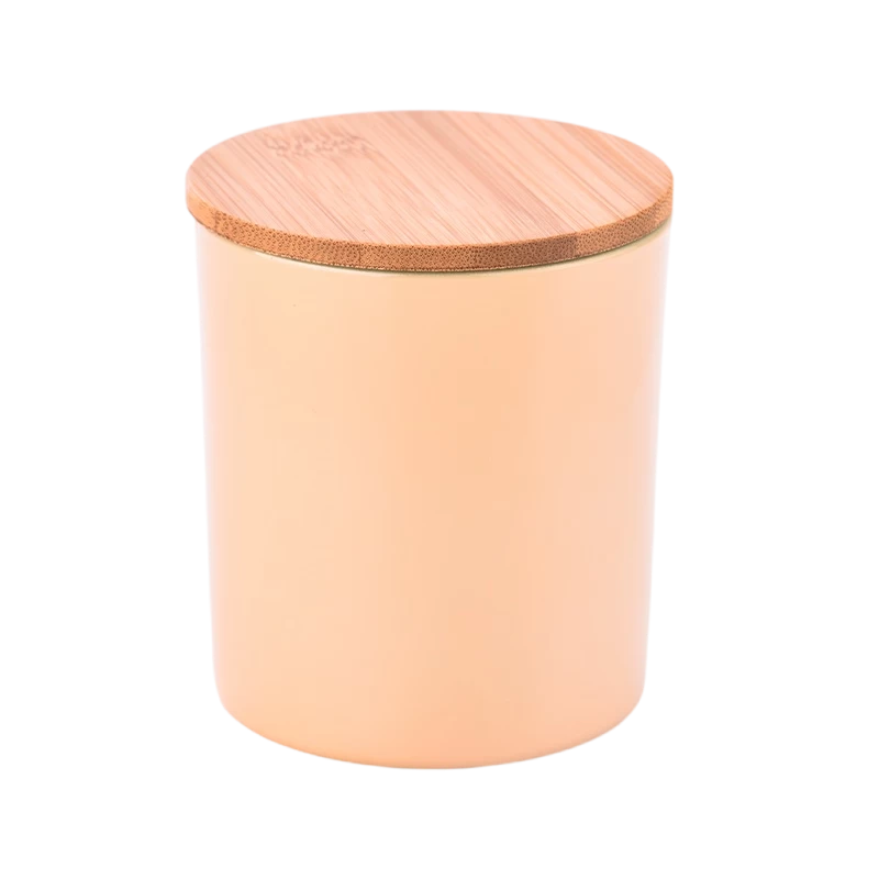 China Newly designed inside green outside apricot glass candle holder with wooden lids home decor manufacturer
