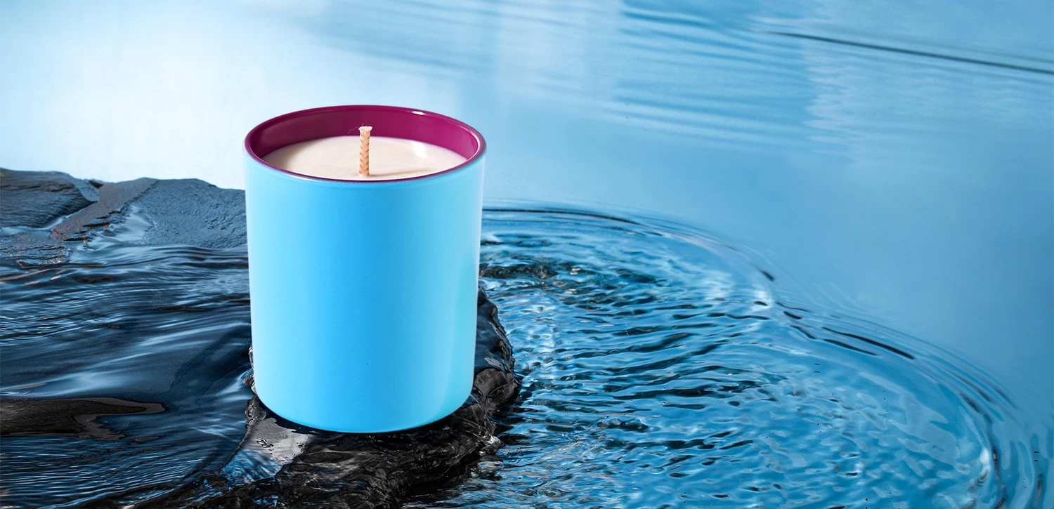 Custom nordic large flat bottom inside purple outside blue glass candle holder with wooden lids