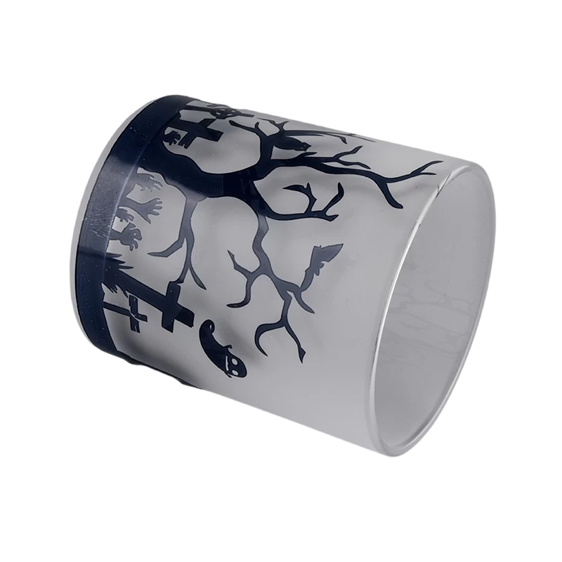 China Wholesale frosted white glass candle jars with black halloween designs manufacturer