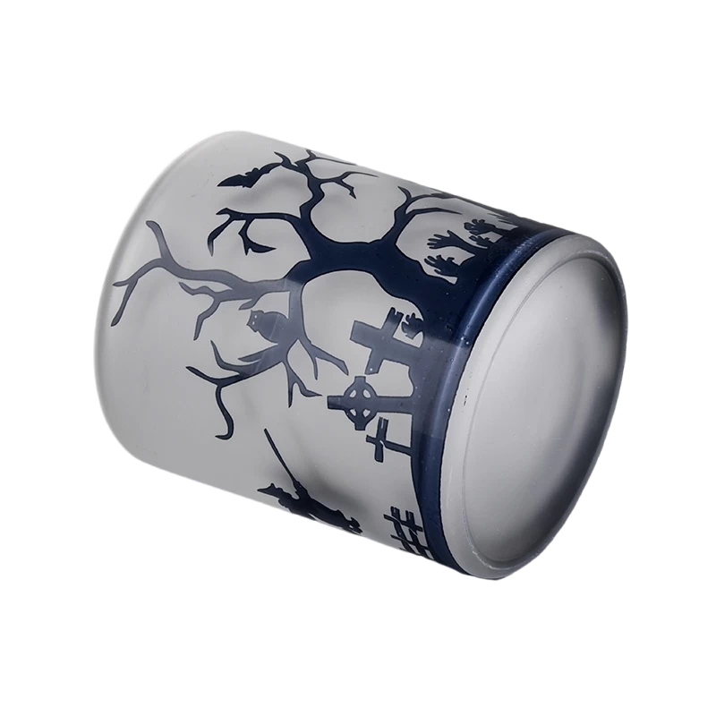 China Wholesale frosted white glass candle jars with black halloween designs manufacturer
