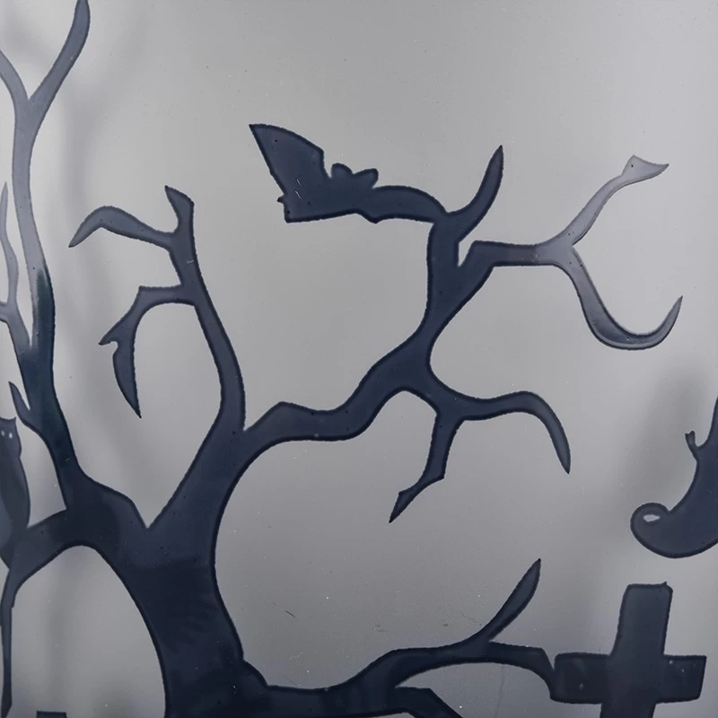 China Wholesale frosted white glass candle jars with black halloween designs manufacturer