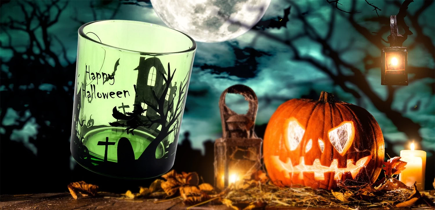 Wholesale halloween clear green glass candle jars for holiday decorations