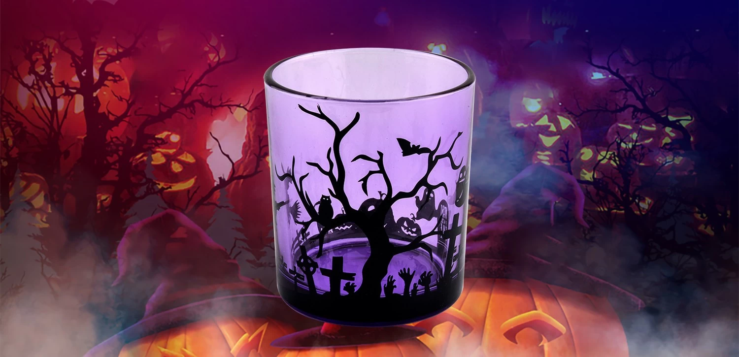 Manufacturers direct custom purple halloween graffiti decorated empty glass candle jars