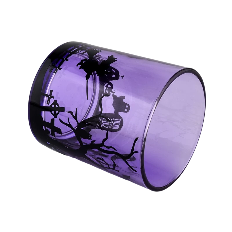 China Manufacturers direct custom purple halloween graffiti decorated empty glass candle jars manufacturer