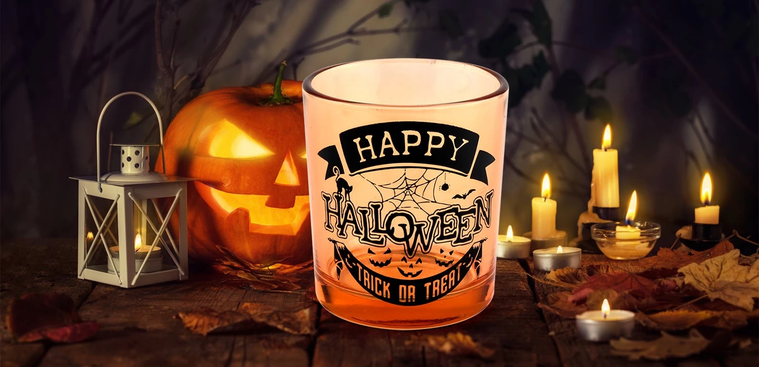 Wholesale orange halloween graffiti glass candle jars decorated for the holiday