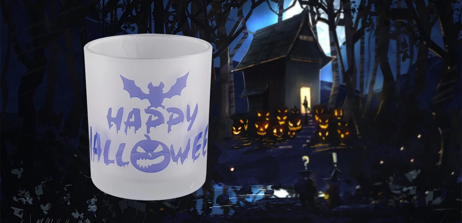 Custom white frosted glass candle jars containers with Hallowmas pattern candle holders decorated wholesalers