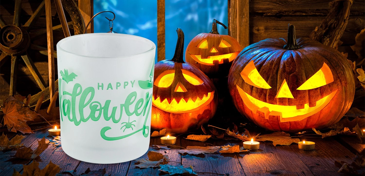 Wholesale white frosted green graffiti Halloween glass candle jars for party event decorations