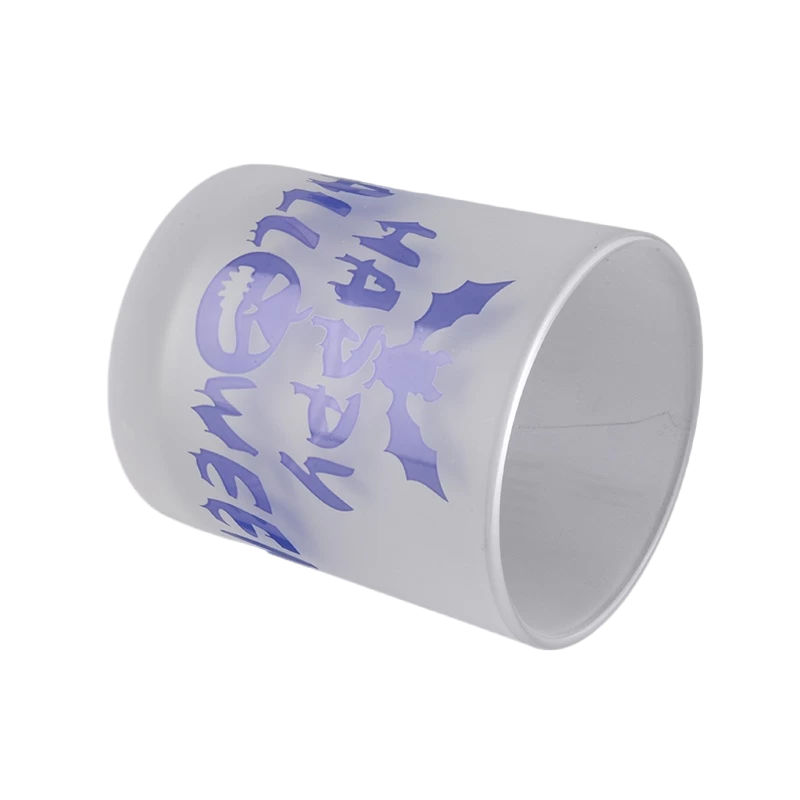 China Custom white frosted glass candle jars containers with Hallowmas pattern candle holders decorated wholesalers manufacturer