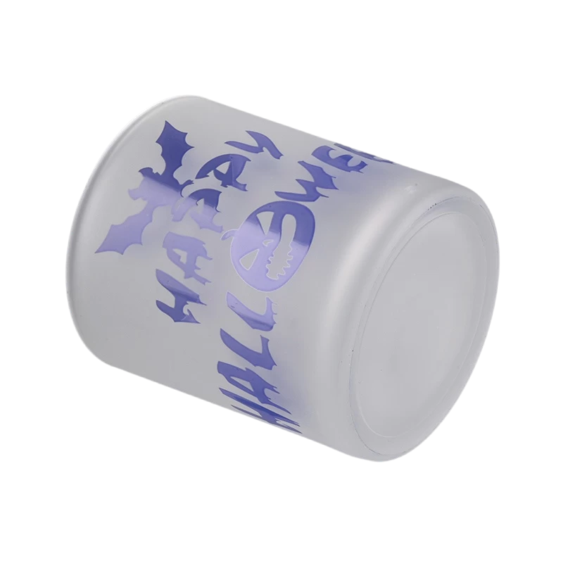China Custom white frosted glass candle jars containers with Hallowmas pattern candle holders decorated wholesalers manufacturer