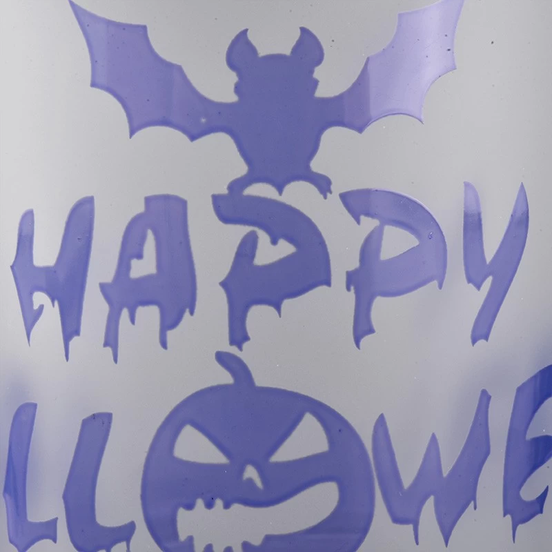 China Custom white frosted glass candle jars containers with Hallowmas pattern candle holders decorated wholesalers manufacturer
