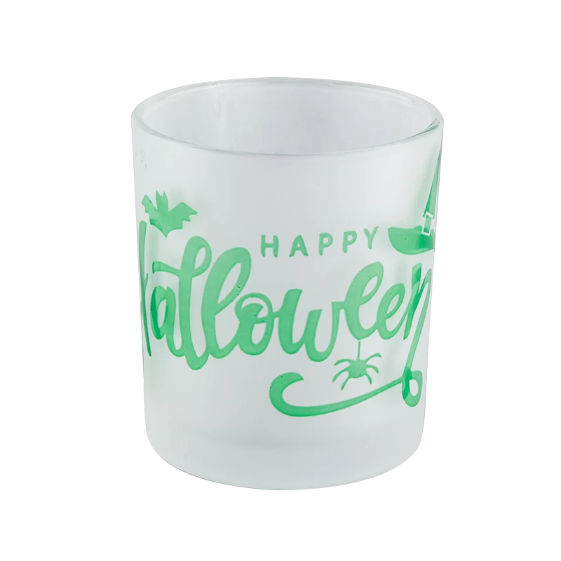 Custom white frosted glass candle jars containers with Hallowmas pattern candle holders decorated wholesalers