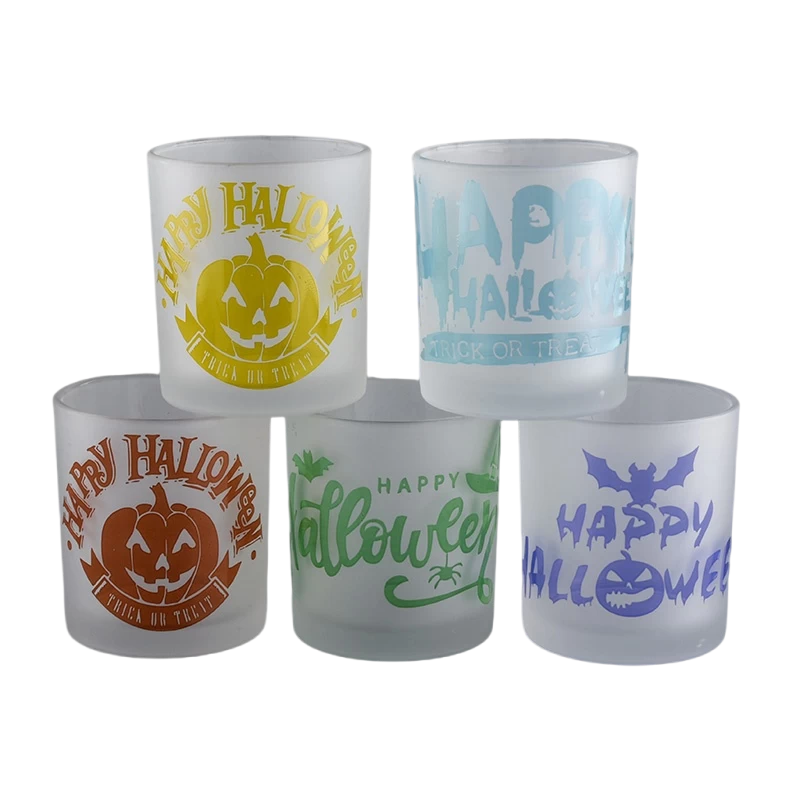 Custom white frosted glass candle jars containers with Hallowmas pattern candle holders decorated wholesalers