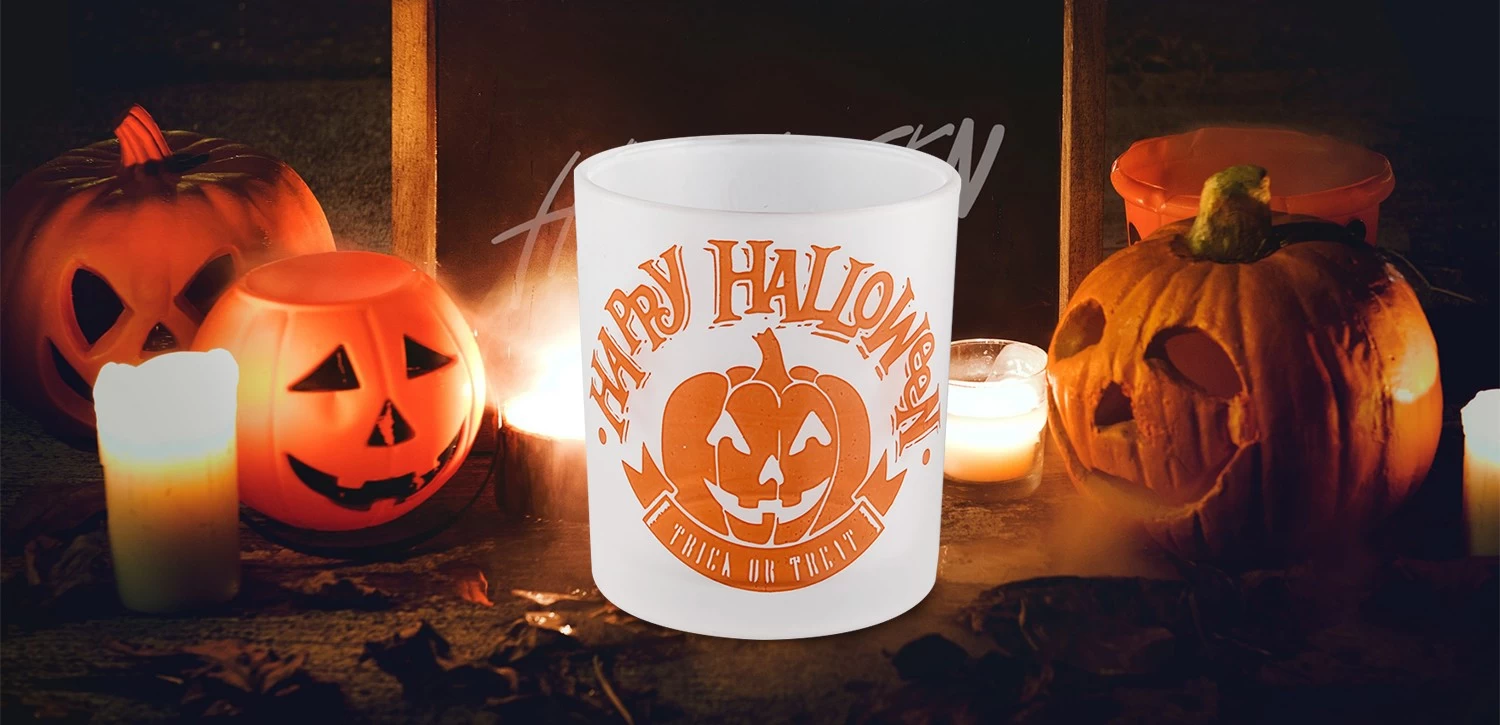 Wholesale frosted pumpkin Halloween pattern glass candle jars