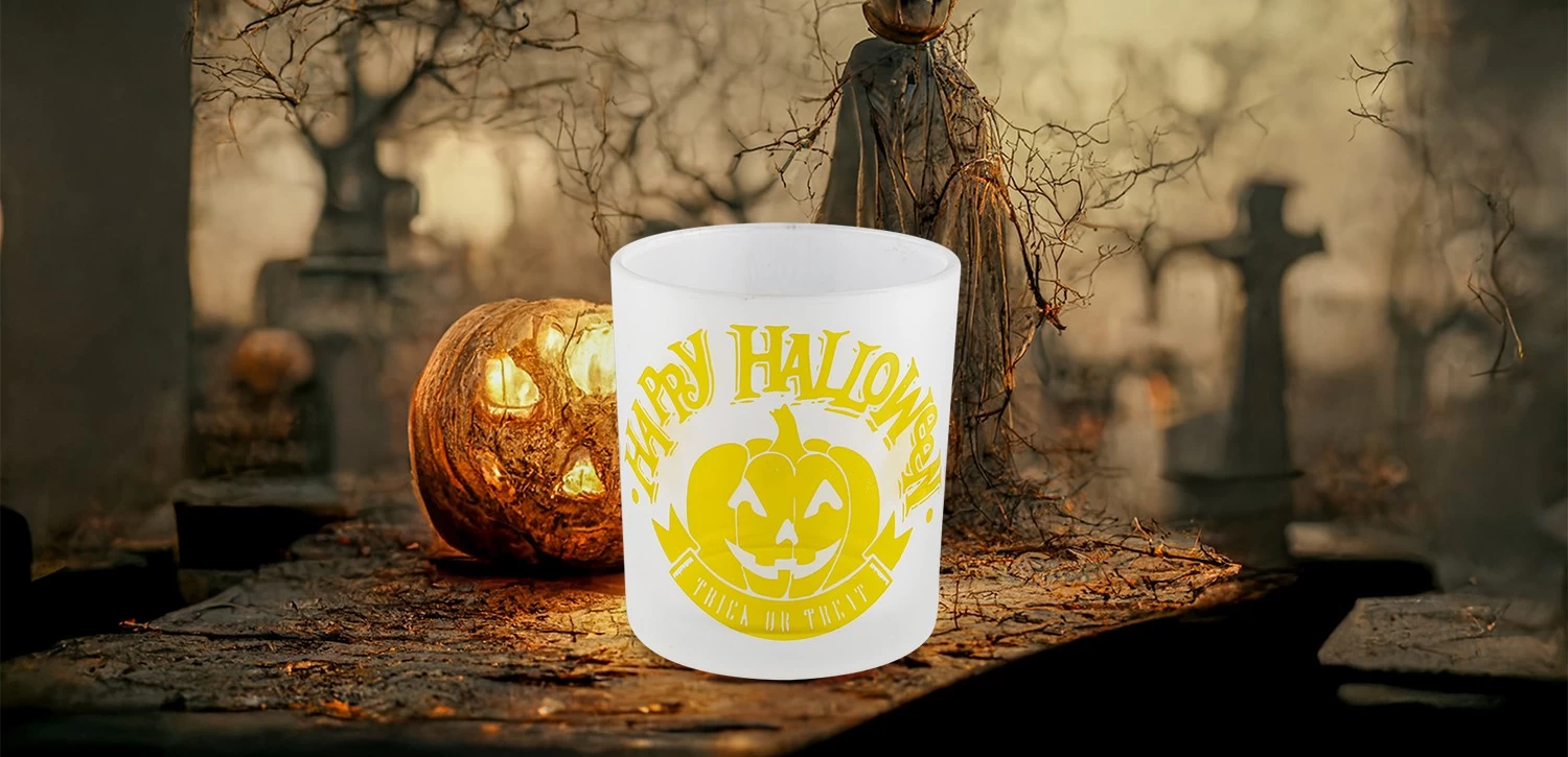 Custom frosted yellow pumpkin Halloween pattern glass candle jar candle holder decoration