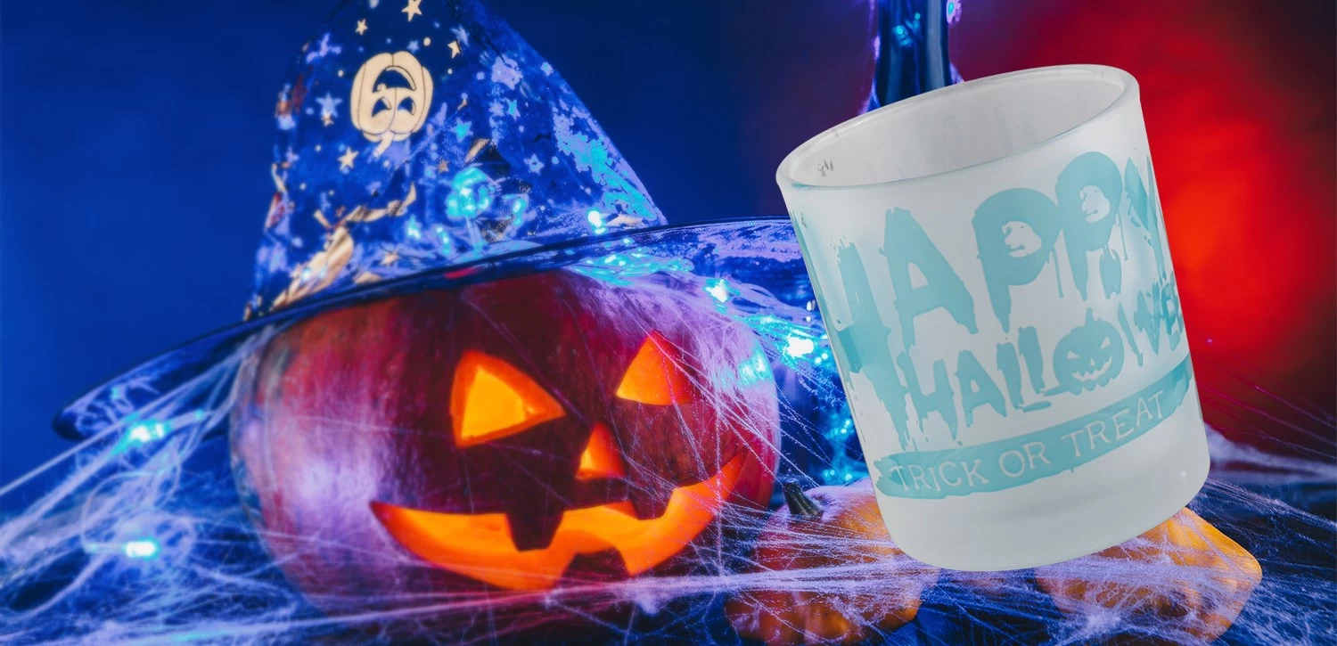 Luxury white frosted blue Halloween graffiti pattern glass candle jars wholesale