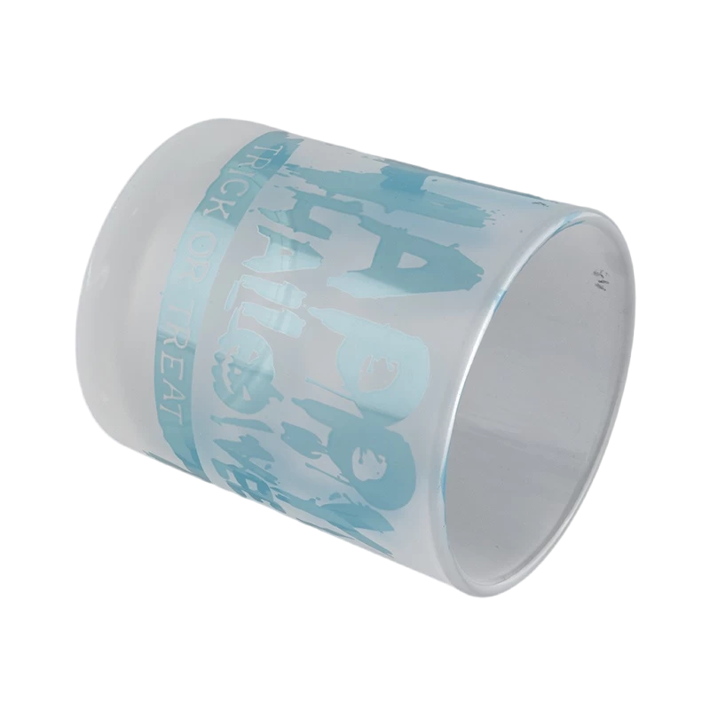 China Luxury white frosted blue Halloween graffiti pattern glass candle jars wholesale manufacturer