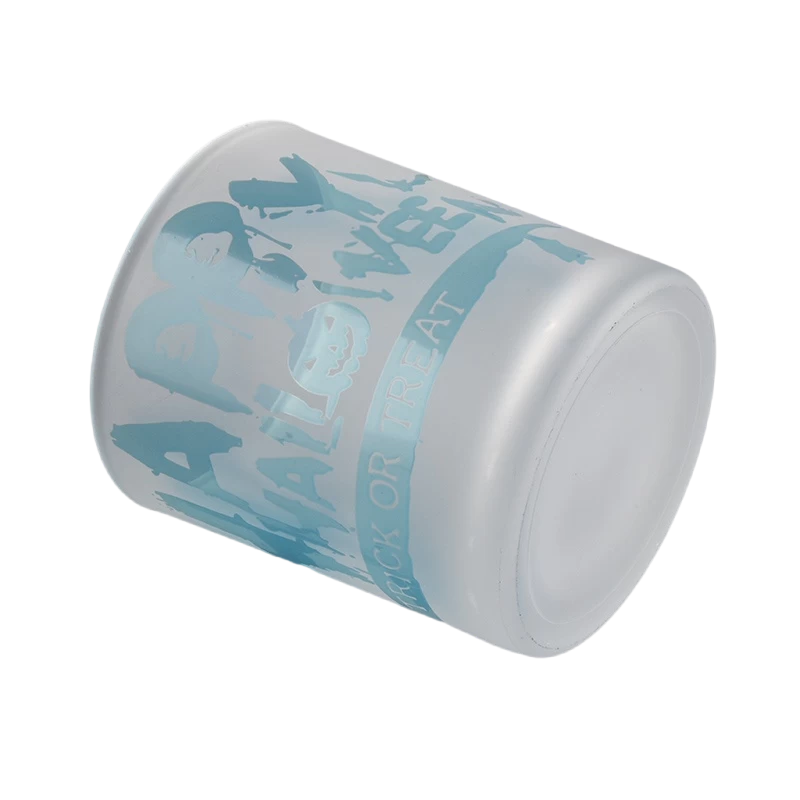 China Luxury white frosted blue Halloween graffiti pattern glass candle jars wholesale manufacturer