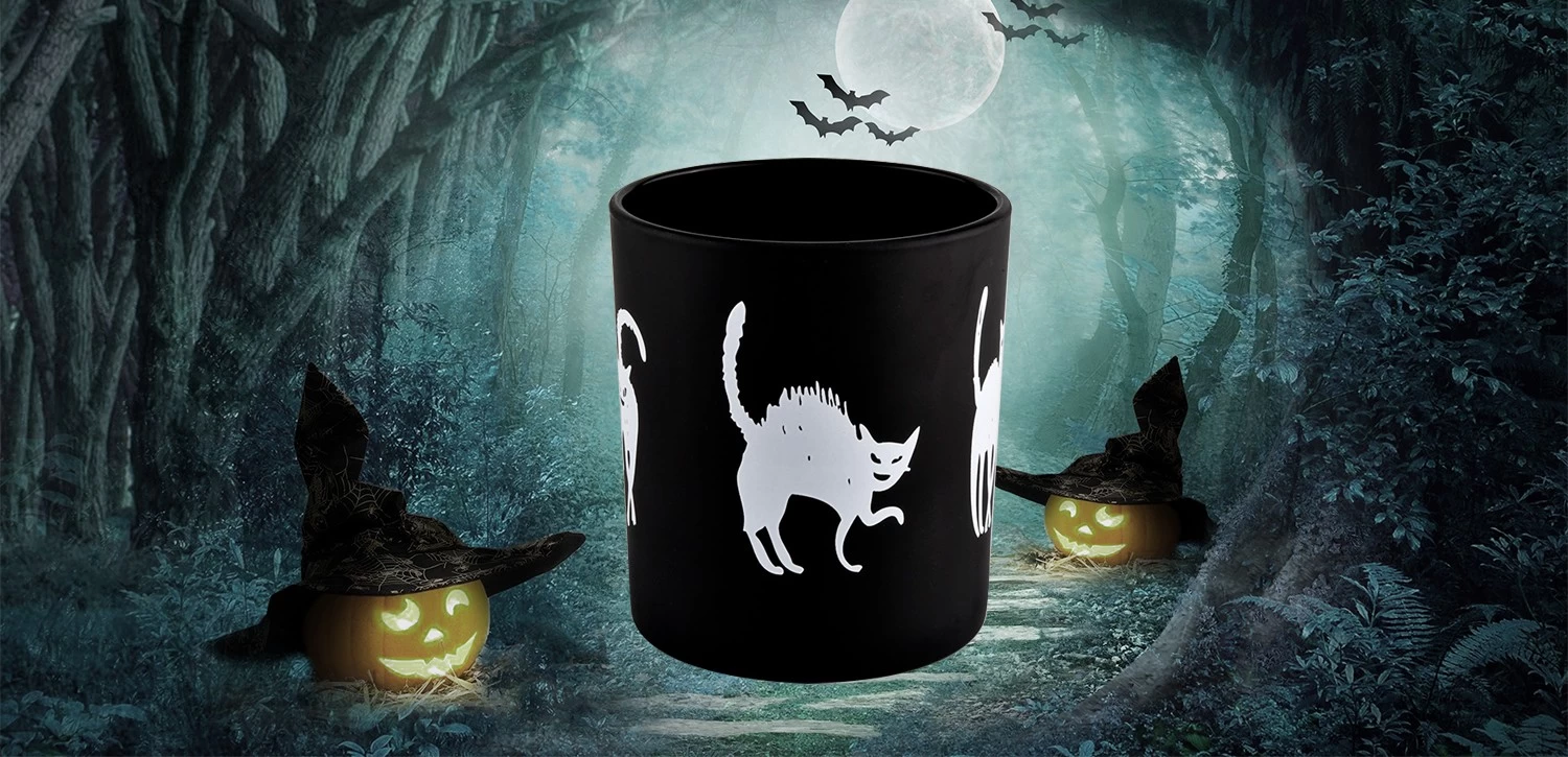 Luxury hand-painted Halloween graffiti decorated black glass candle jars