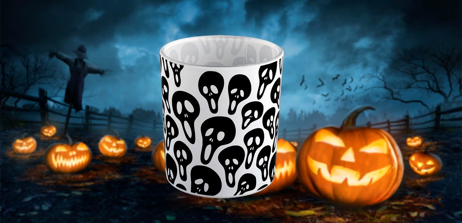Luxury white glass candle jar Halloween black skeleton graffiti candle jars wholesale