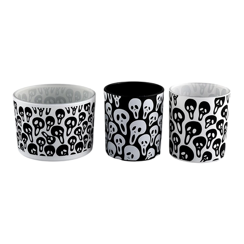 Cina Barattolo di candela di lusso in vetro bianco Barattoli di candela con graffiti scheletro nero di Halloween all'ingrosso produttore
