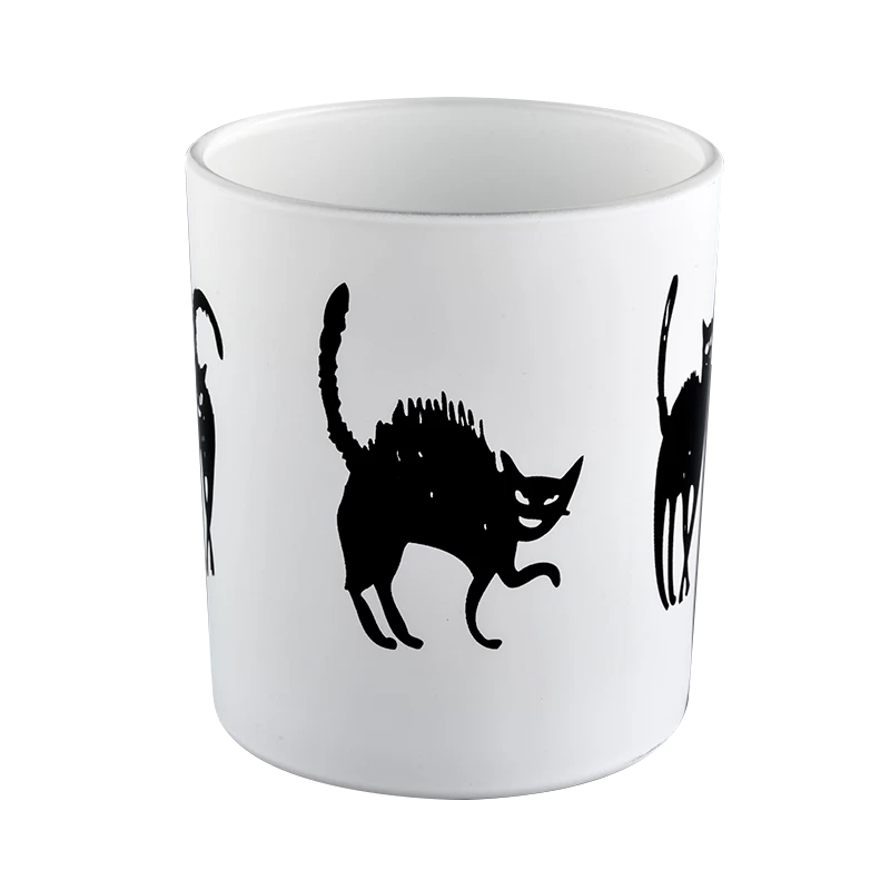 Factory direct Halloween white frosted glass candle jar with black skull man graffiti pattern