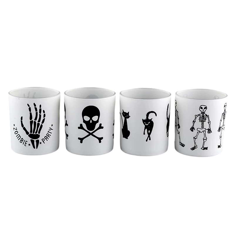 Factory direct Halloween white frosted glass candle jar with black skull man graffiti pattern