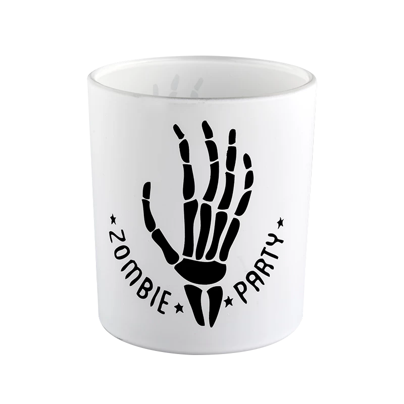 Factory direct Halloween white frosted glass candle jar with black skull man graffiti pattern