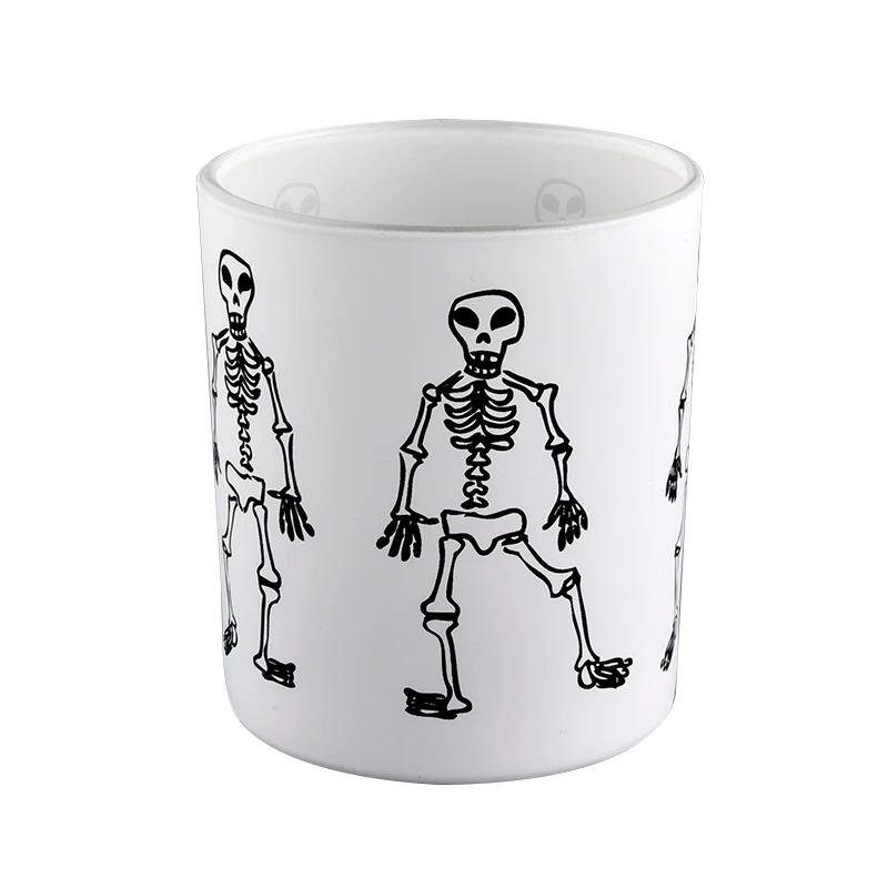 Factory direct Halloween white frosted glass candle jar with black skull man graffiti pattern