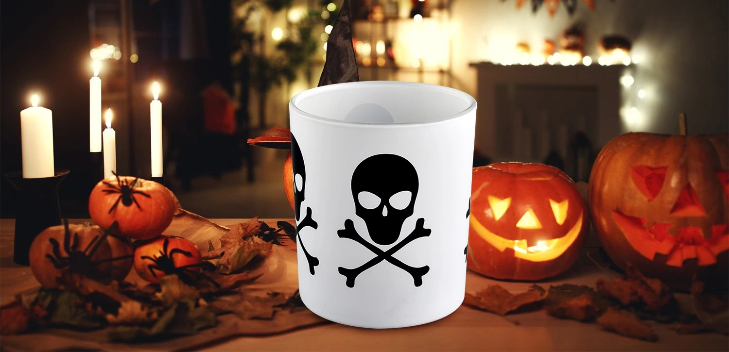 High quality white glass candle jar Black Skull graffiti Halloween pattern wholesale