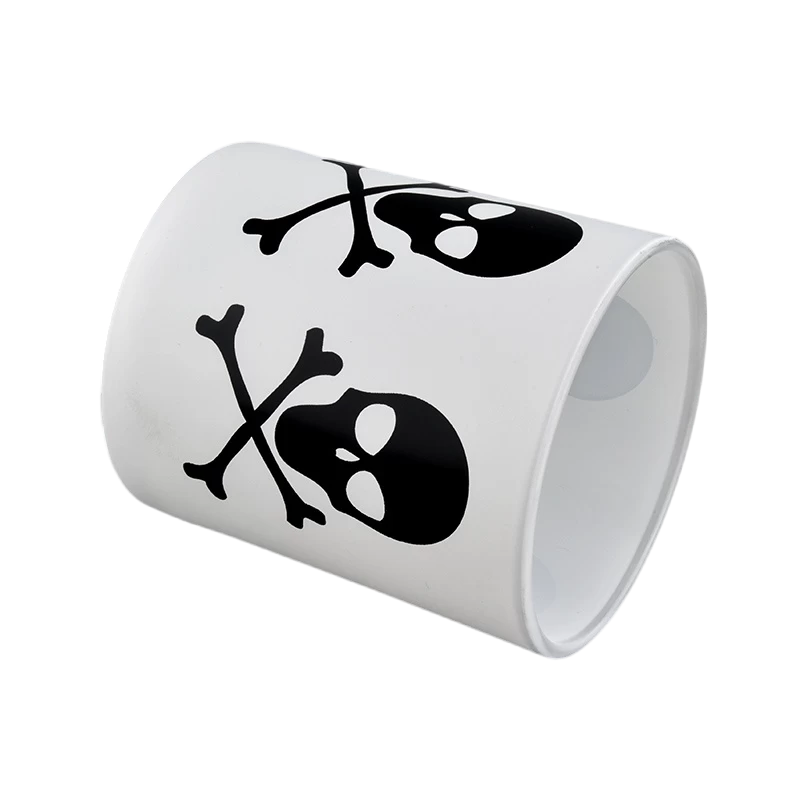 China High quality white glass candle jar Black Skull graffiti Halloween pattern wholesale manufacturer