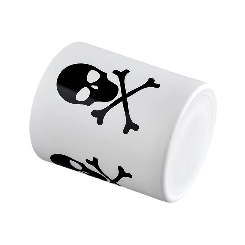 China High quality white glass candle jar Black Skull graffiti Halloween pattern wholesale manufacturer