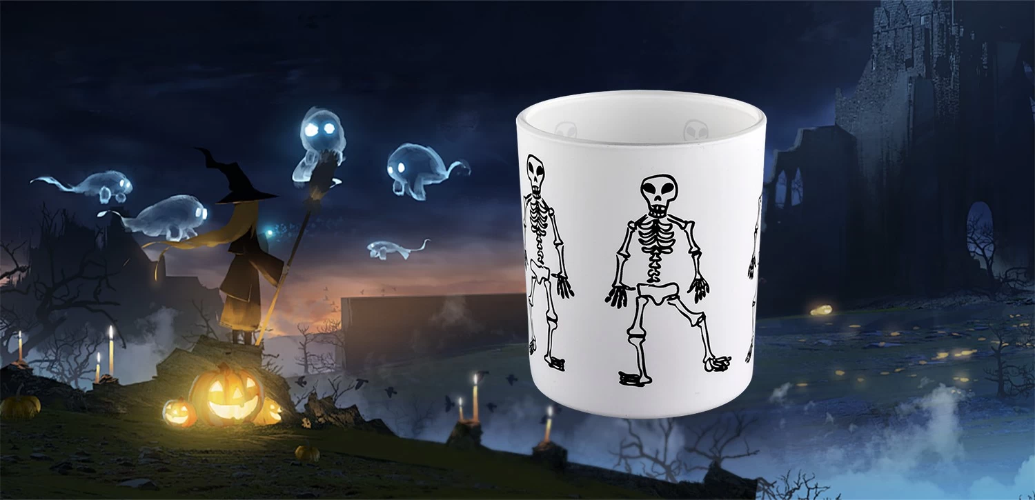 Factory direct Halloween white frosted glass candle jar with black skull man graffiti pattern