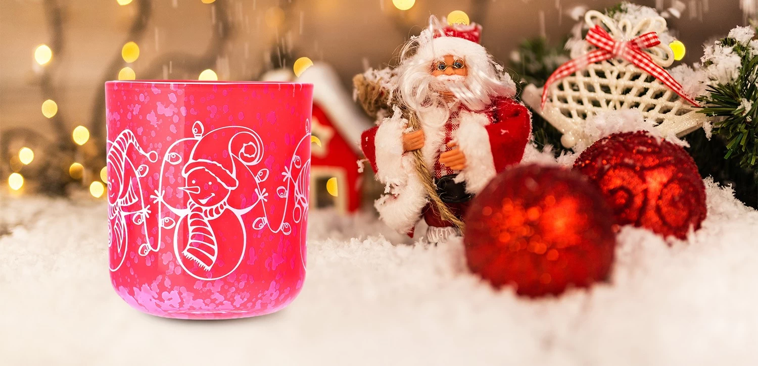 Luxury customized rose red Christmas decal paper glass candle jar with lid