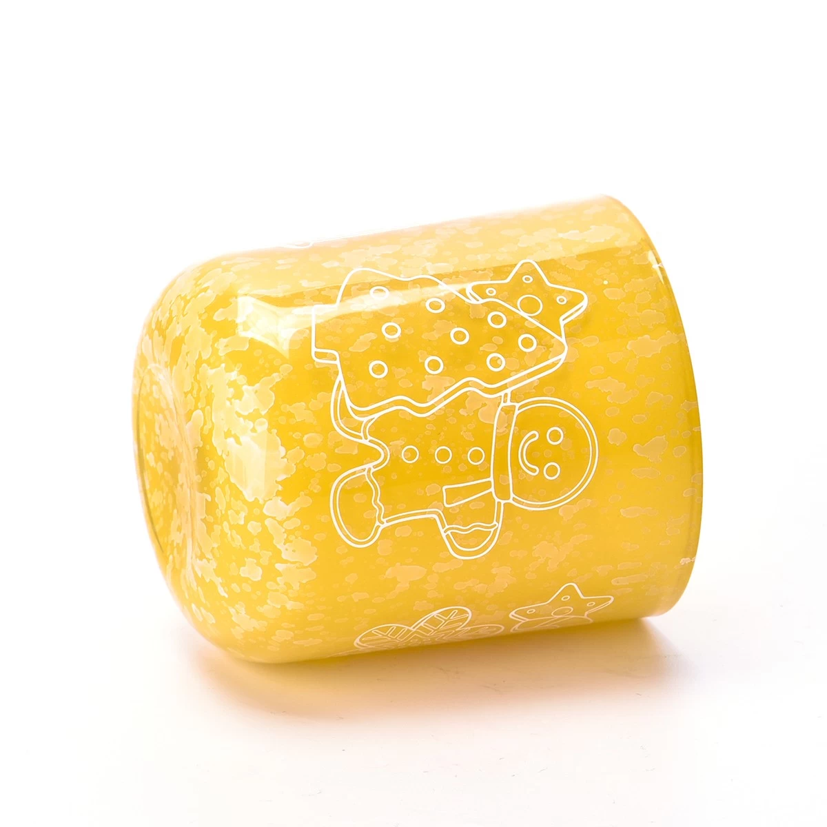 China Luxury custom Christmas pattern yellow glass candle jars with lid manufacturer