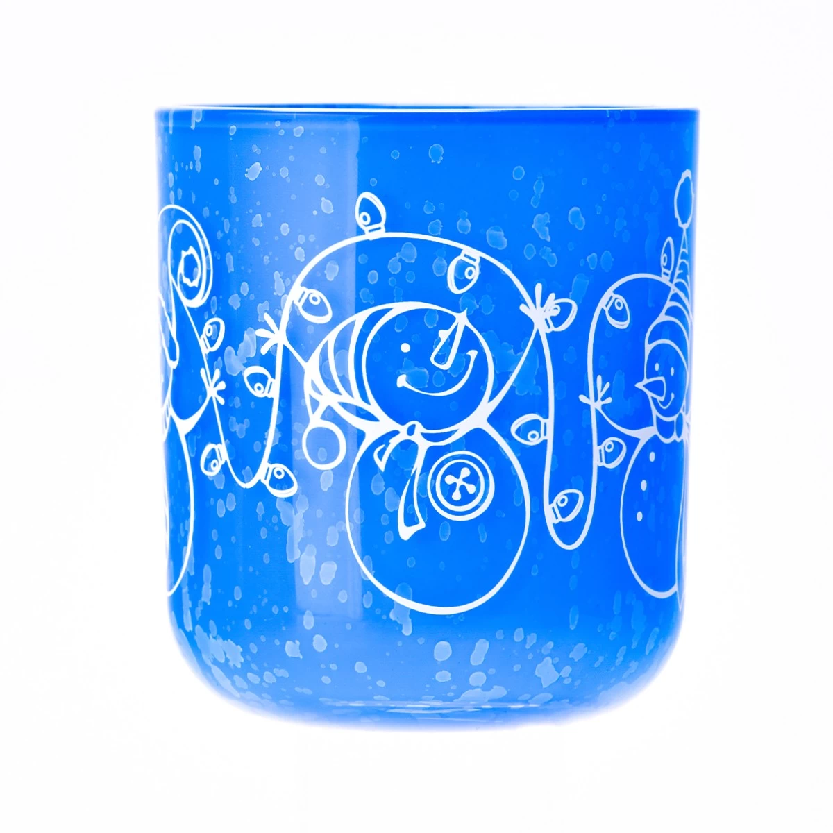 China Wholesale Christmas snowman pattern blue glass candle jar with lid manufacturer