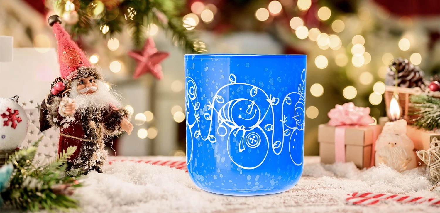Wholesale Christmas snowman pattern blue glass candle jar with lid