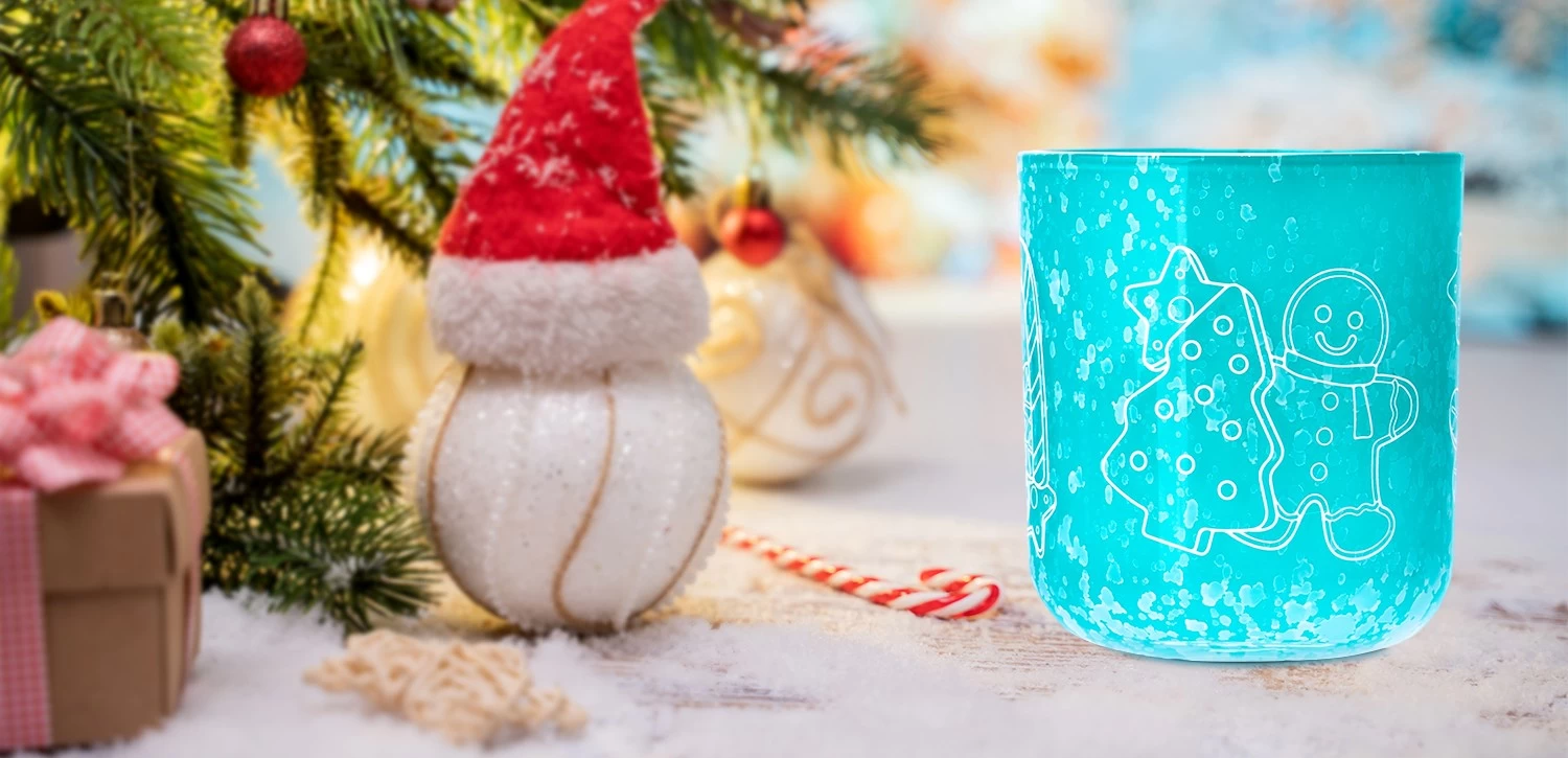 Luxury customized handmade sky blue Christmas decal paper glass candle holder with lid