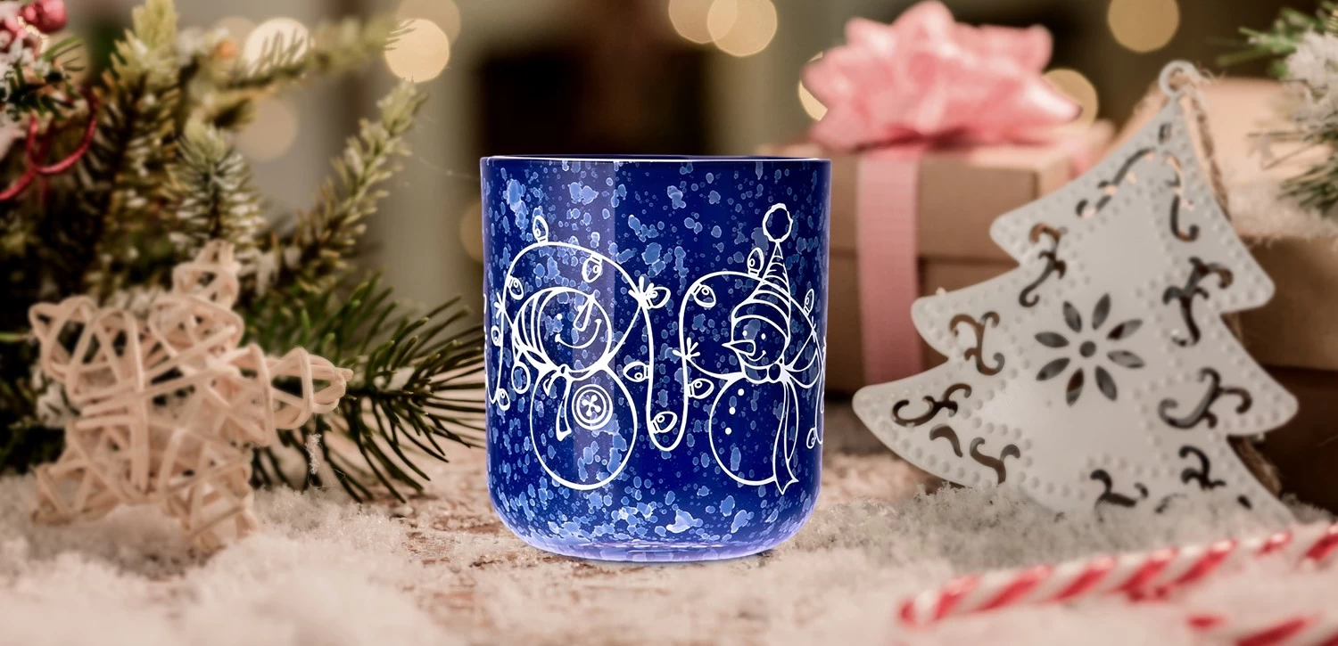 Wholesale custom logo dark blue Christmas decal paper glass candle holder with lid