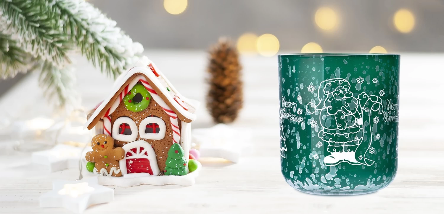 Custom dark green Christmas decal paper glass candle jar with lid