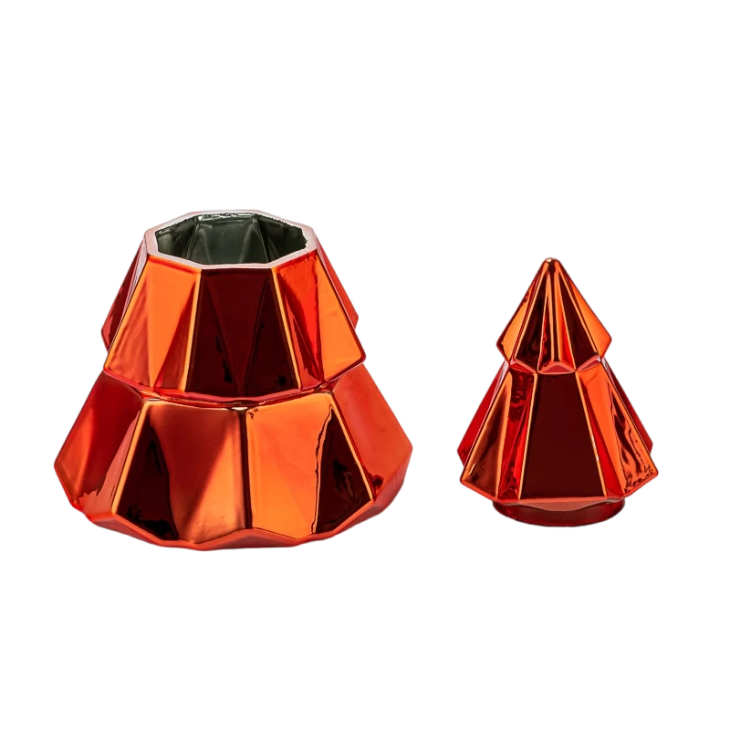 Tsina Pakyawan geometric faceted red christmas tree glass candle lata na may mga lids Manufacturer