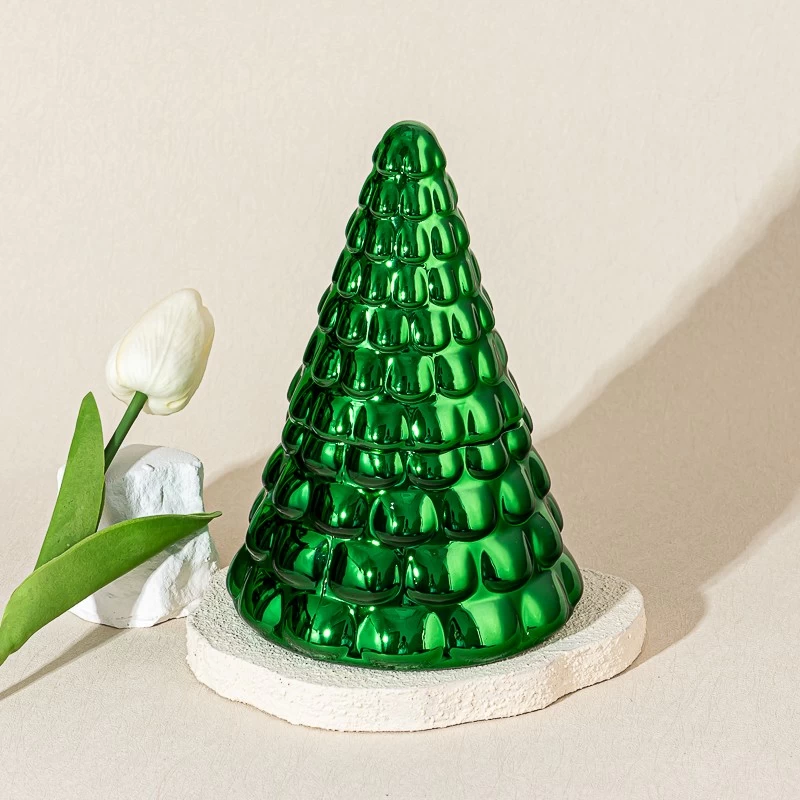Wholesale bionic pine needle Christmas tree glass candle jar with lids