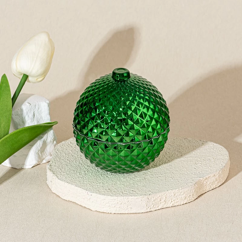 Customized Spherical Green Glass Candle Jar with Lid