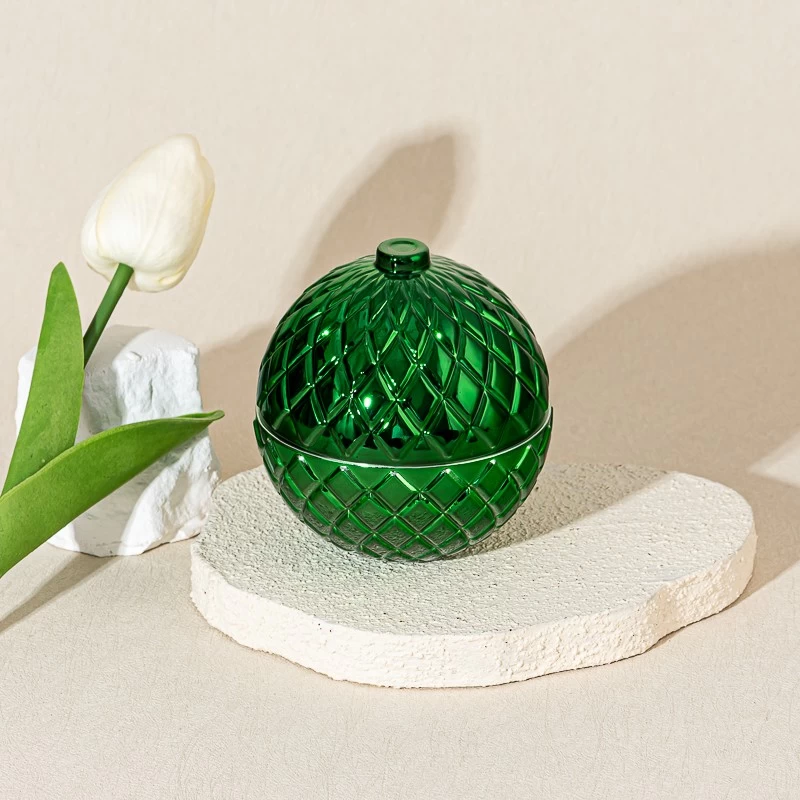Custom Christmas Spherical Glass Candle Jar with Lid Diamond Grid Pattern Decorative Jar