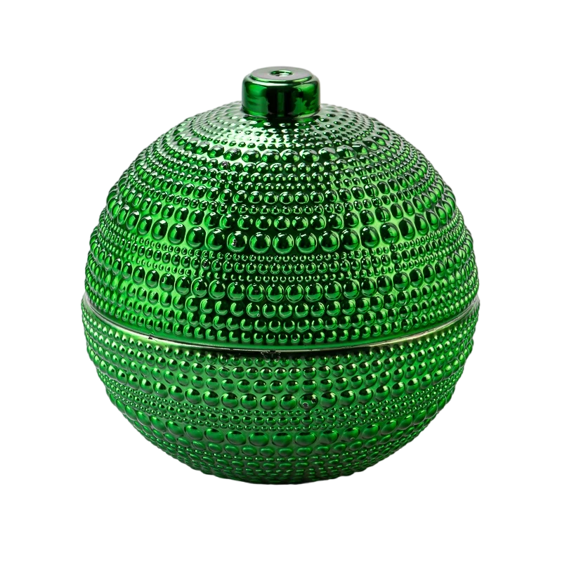 Cina Verde a candela in vetro sferico verde all'ingrosso con motivi perle, coperchio incluso, supporto per candele per aromaterapia produttore
