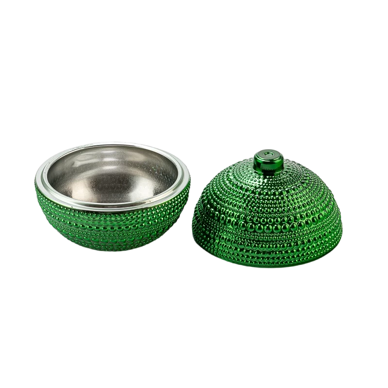 Cina Verde a candela in vetro sferico verde all'ingrosso con motivi perle, coperchio incluso, supporto per candele per aromaterapia produttore