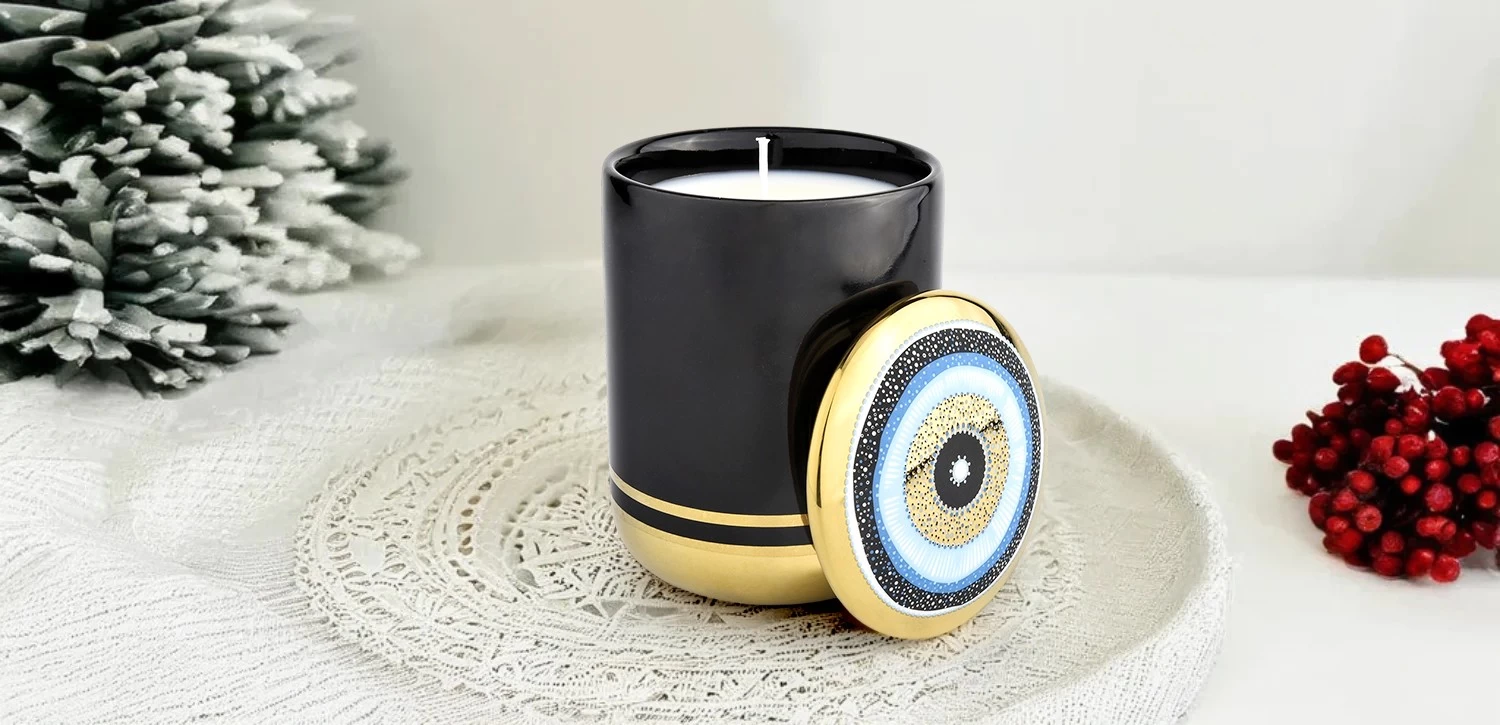 New Turkish Blue Eye Style Ceramic Candle Jar with Lid for Home Decoration