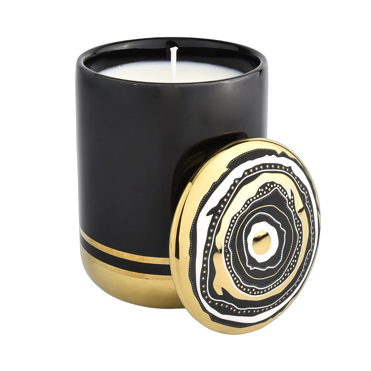 الصين الجملة حامل شمعة السيراميك نمط الذهب الأسود الفاخرة مع غطاء الصانع