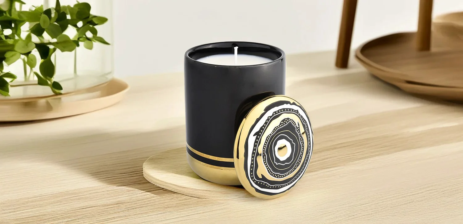 Wholesale Luxury Black Gold Style Ceramic Candle Holder With Lid